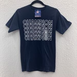 Champion Navy Blue White Spell Out Embroidered Logo Short Sleeve Crew Tee Shirt